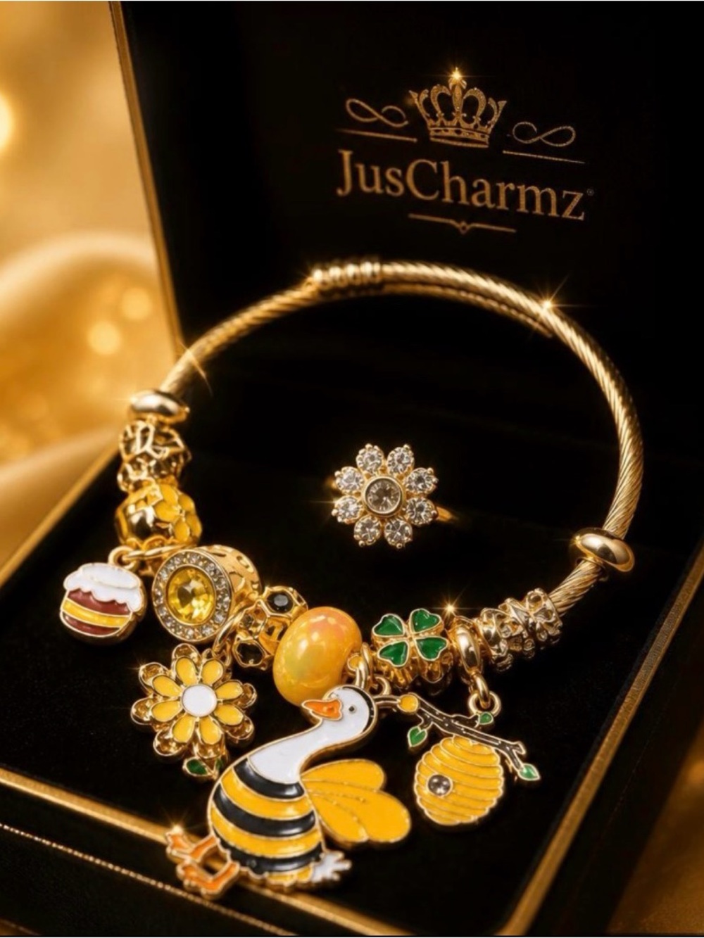 Gold & Yellow Floral Charm Bracelet & Bonus Ring